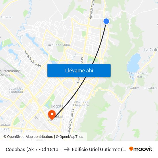 Codabas (Ak 7 - Cl 181a) (A) to Edificio Uriel Gutiérrez (861) map