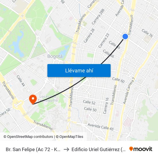 Br. San Felipe (Ac 72 - Kr 17) to Edificio Uriel Gutiérrez (861) map