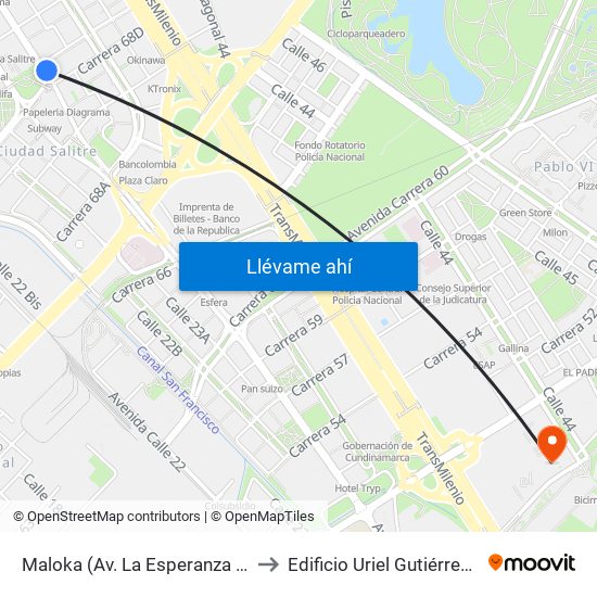 Maloka (Av. La Esperanza - Kr 69) to Edificio Uriel Gutiérrez (861) map