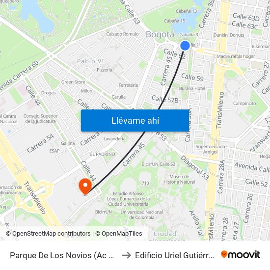 Parque De Los Novios (Ac 63 - Kr 45) to Edificio Uriel Gutiérrez (861) map