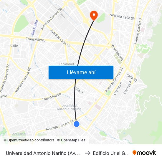 Universidad Antonio Nariño (Av. 1 De Mayo - Kr 13 Bis) (A) to Edificio Uriel Gutiérrez (861) map