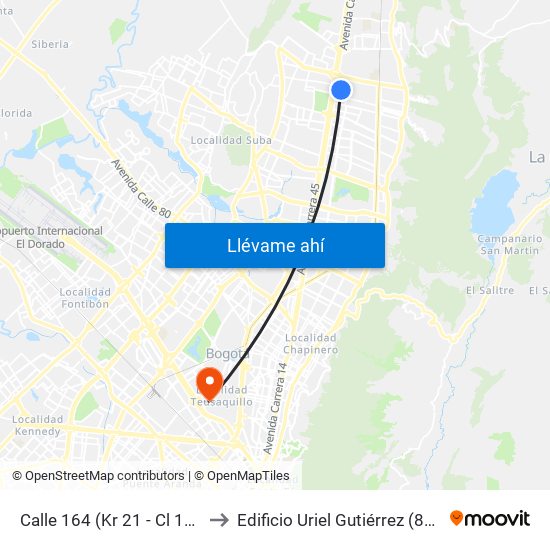 Calle 164 (Kr 21 - Cl 164) to Edificio Uriel Gutiérrez (861) map