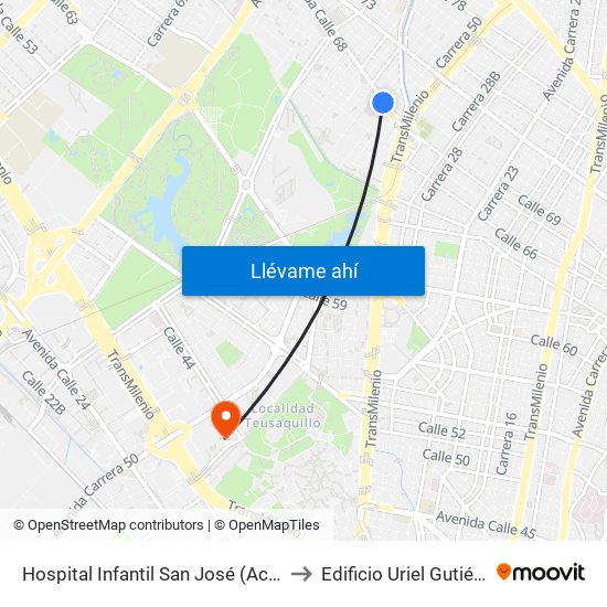 Hospital Infantil San José (Ac 68 - Kr 52) (A) to Edificio Uriel Gutiérrez (861) map