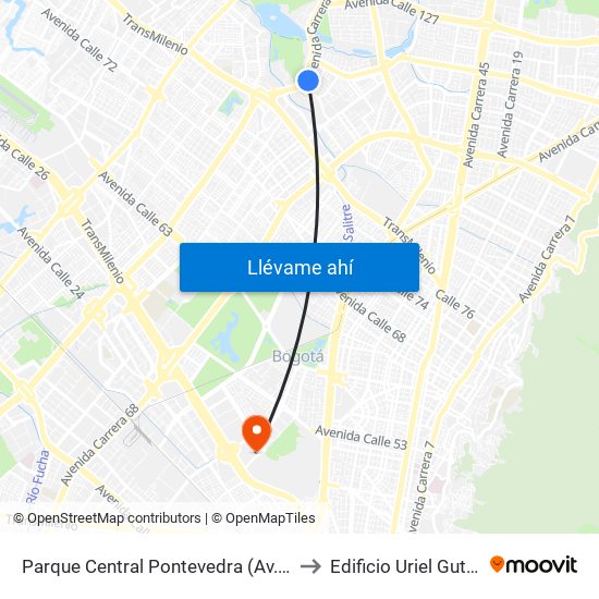Parque Central Pontevedra (Av. Boyacá - Cl 97) (A) to Edificio Uriel Gutiérrez (861) map
