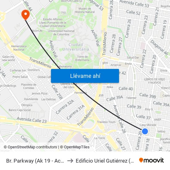 Br. Parkway (Ak 19 - Ac 34) to Edificio Uriel Gutiérrez (861) map