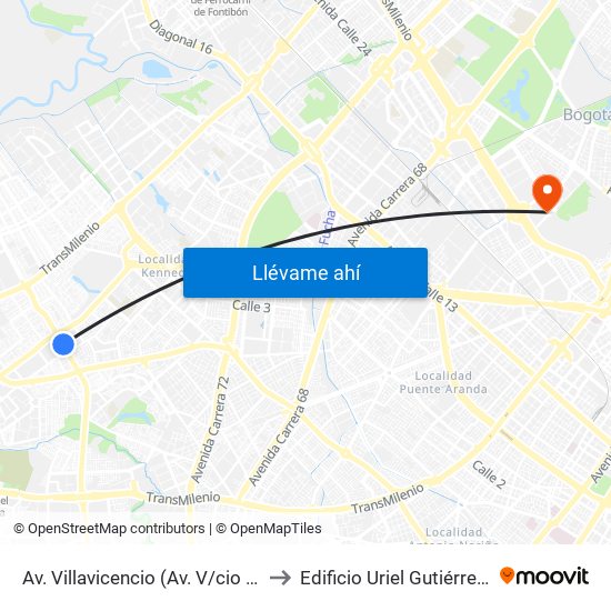 Av. Villavicencio (Av. V/cio - Kr 79c) to Edificio Uriel Gutiérrez (861) map