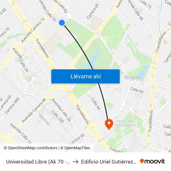 Universidad Libre (Ak 70 - Cl 54) to Edificio Uriel Gutiérrez (861) map