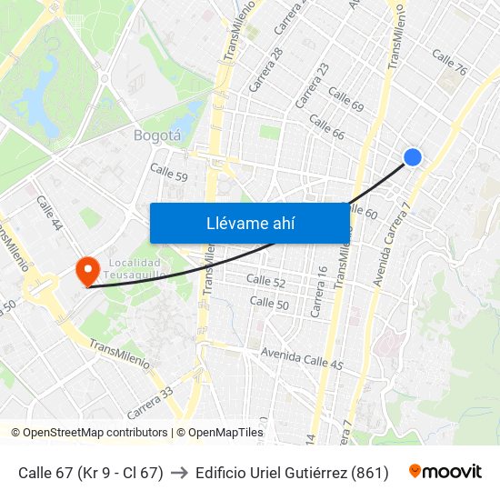 Calle 67 (Kr 9 - Cl 67) to Edificio Uriel Gutiérrez (861) map