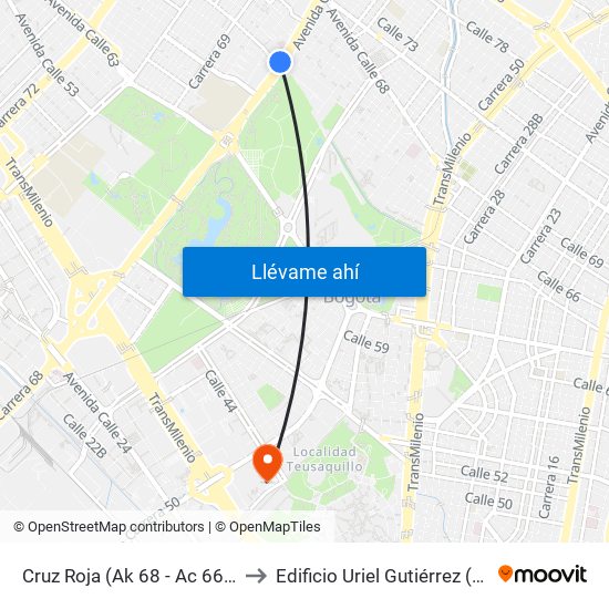 Cruz Roja (Ak 68 - Ac 66) (A) to Edificio Uriel Gutiérrez (861) map