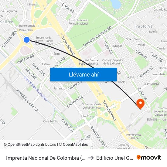 Imprenta Nacional De Colombia (Ak 68 - Av. Esperanza) (A) to Edificio Uriel Gutiérrez (861) map