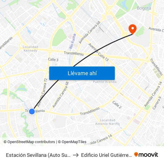 Estación Sevillana (Auto Sur - Kr 57) to Edificio Uriel Gutiérrez (861) map