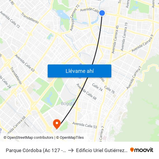 Parque Córdoba (Ac 127 - Kr 54) to Edificio Uriel Gutiérrez (861) map