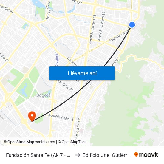 Fundación Santa Fe (Ak 7 - Cl 118) (A) to Edificio Uriel Gutiérrez (861) map