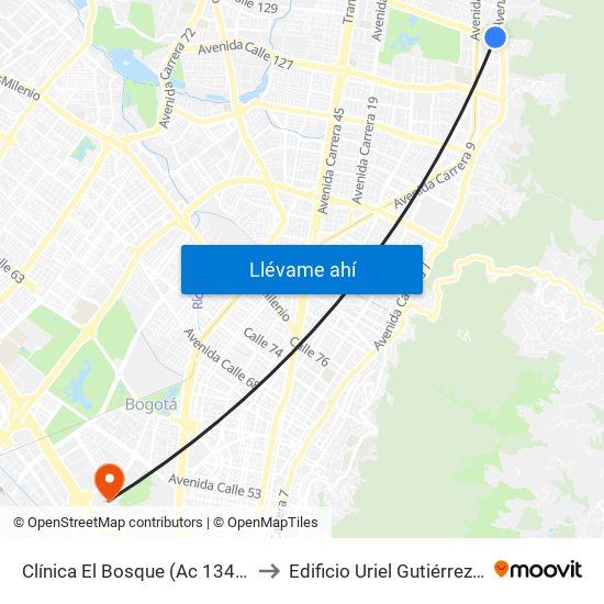 Clínica El Bosque (Ac 134 - Ak 7) to Edificio Uriel Gutiérrez (861) map