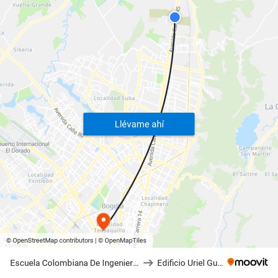 Escuela Colombiana De Ingeniería (Auto Norte - Cl 205) to Edificio Uriel Gutiérrez (861) map