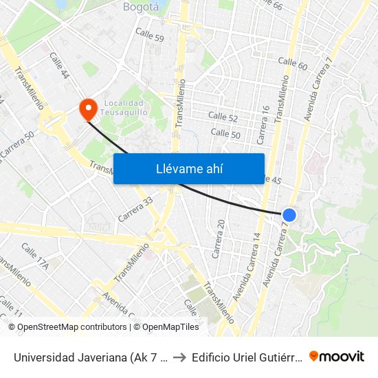Universidad Javeriana (Ak 7 - Cl 40) (B) to Edificio Uriel Gutiérrez (861) map