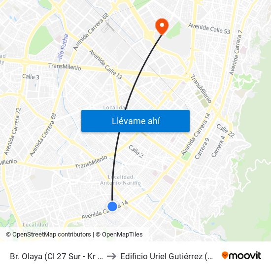 Br. Olaya (Cl 27 Sur - Kr 16) to Edificio Uriel Gutiérrez (861) map