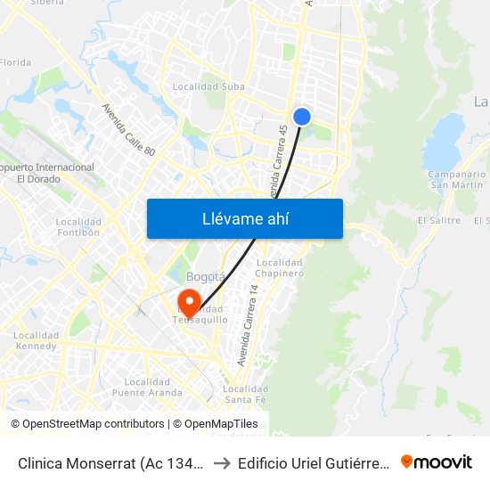 Clinica Monserrat (Ac 134 - Kr 17) to Edificio Uriel Gutiérrez (861) map