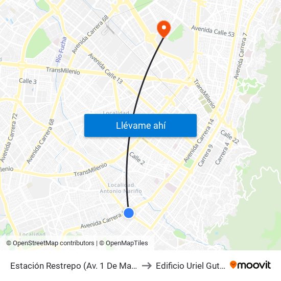 Estación Restrepo (Av. 1 De Mayo - Av. Caracas) (A) to Edificio Uriel Gutiérrez (861) map