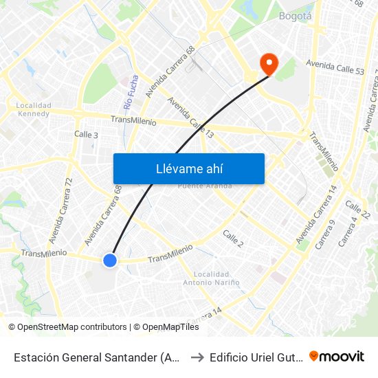 Estación General Santander (Auto Sur - Kr 50 Bis A) to Edificio Uriel Gutiérrez (861) map