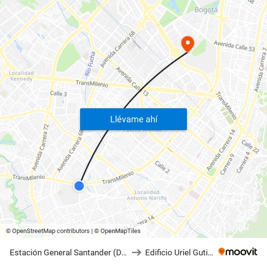Estación General Santander (Dg 39a Sur - Tv 42) to Edificio Uriel Gutiérrez (861) map