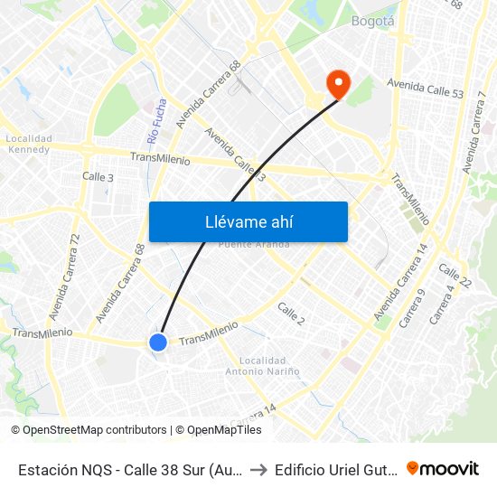 Estación NQS - Calle 38 Sur (Auto Sur - Dg 38a Sur) to Edificio Uriel Gutiérrez (861) map