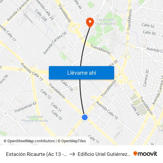 Estación Ricaurte (Ac 13 - Kr 29) to Edificio Uriel Gutiérrez (861) map