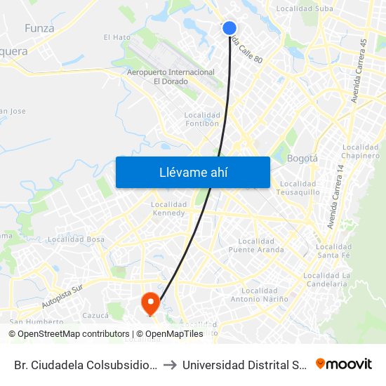 Br. Ciudadela Colsubsidio (Ac 80 - Kr 111c) to Universidad Distrital Sede Tecnológica map