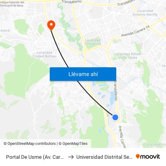 Portal De Usme (Av. Caracas - Cl 64 Sur) to Universidad Distrital Sede Tecnológica map