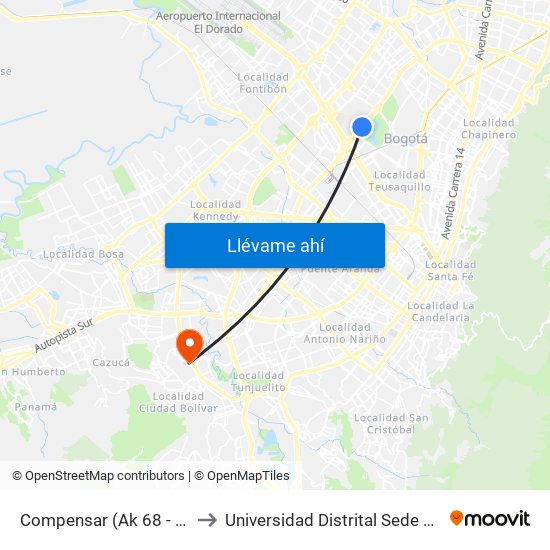 Compensar (Ak 68 - Cl 49) (D) to Universidad Distrital Sede Tecnológica map