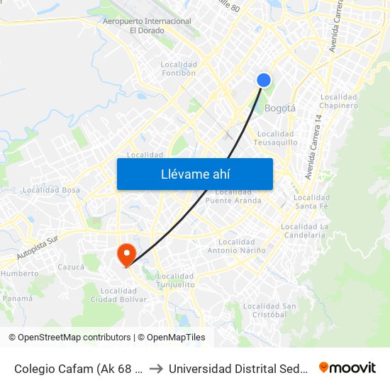 Colegio Cafam (Ak 68 - Cl 64c) (D) to Universidad Distrital Sede Tecnológica map