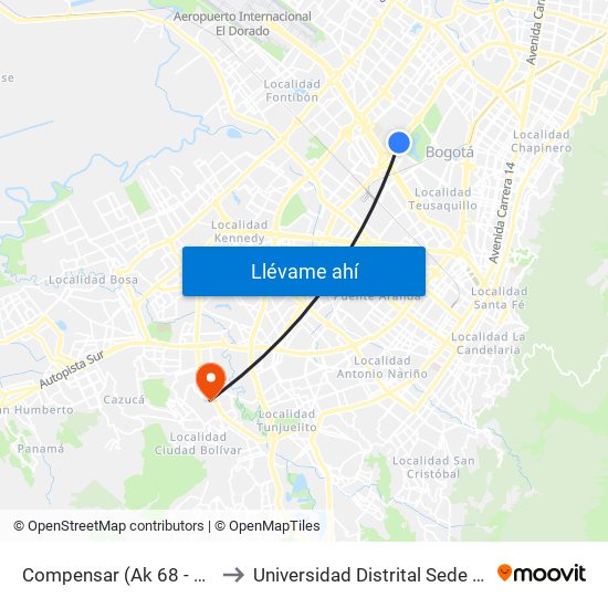 Compensar (Ak 68 - Cl 49a) (B) to Universidad Distrital Sede Tecnológica map