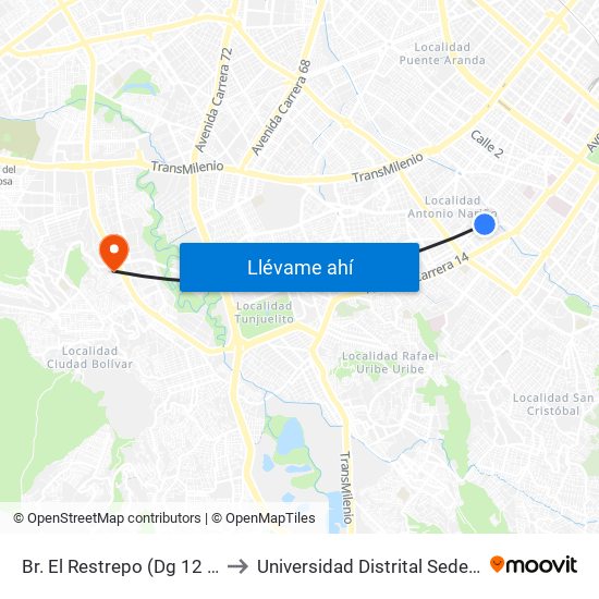 Br. El Restrepo (Dg 12 Sur - Kr 18) to Universidad Distrital Sede Tecnológica map