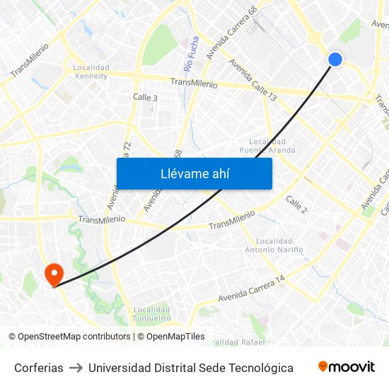 Corferias to Universidad Distrital Sede Tecnológica map