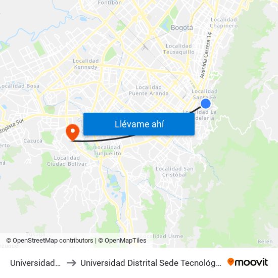 Universidades to Universidad Distrital Sede Tecnológica map