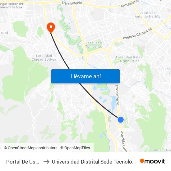 Portal De Usme to Universidad Distrital Sede Tecnológica map