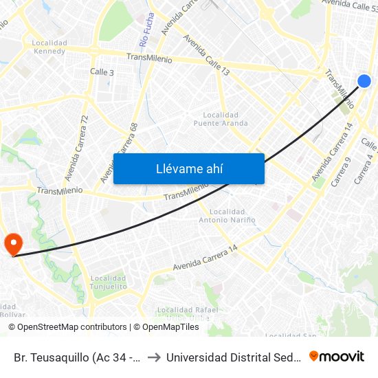 Br. Teusaquillo (Ac 34 - Av. Caracas) to Universidad Distrital Sede Tecnológica map