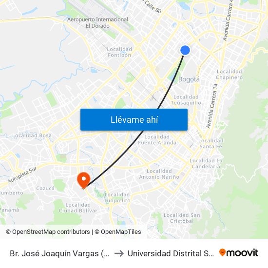 Br. José Joaquín Vargas (Ak 68 - Cl 67g) (A) to Universidad Distrital Sede Tecnológica map