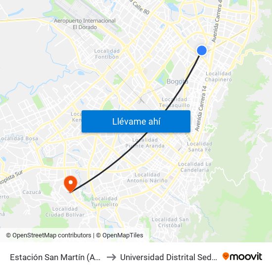 Estación San Martín (Ak 50 - Cl 86b) to Universidad Distrital Sede Tecnológica map
