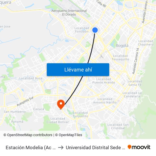 Estación Modelia (Ac 26 - Kr 82) to Universidad Distrital Sede Tecnológica map