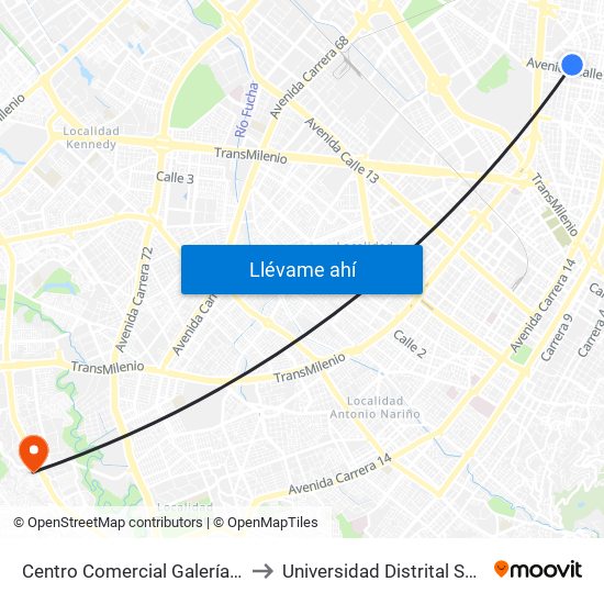 Centro Comercial Galerías (Ak 24 - Ac 53) to Universidad Distrital Sede Tecnológica map