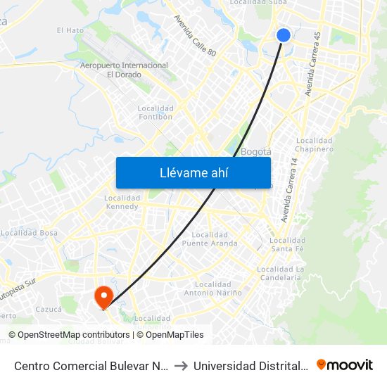 Centro Comercial Bulevar Niza (Av. Villas - Cl 127d) to Universidad Distrital Sede Tecnológica map