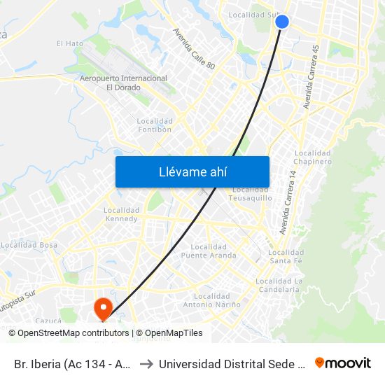 Br. Iberia (Ac 134 - Av. Boyacá) to Universidad Distrital Sede Tecnológica map