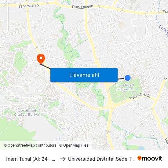 Inem Tunal (Ak 24 - Cl 52 Sur) to Universidad Distrital Sede Tecnológica map