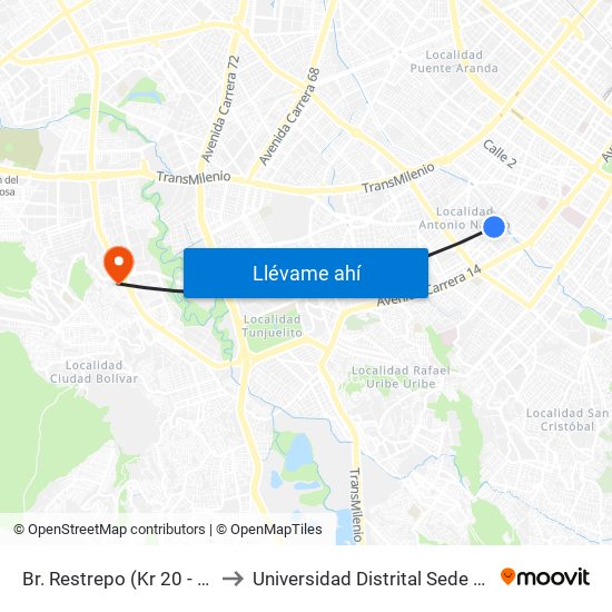Br. Restrepo (Kr 20 - Cl 14 Sur) to Universidad Distrital Sede Tecnológica map