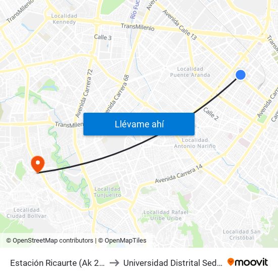 Estación Ricaurte (Ak 27 - Ac 13) (A) to Universidad Distrital Sede Tecnológica map