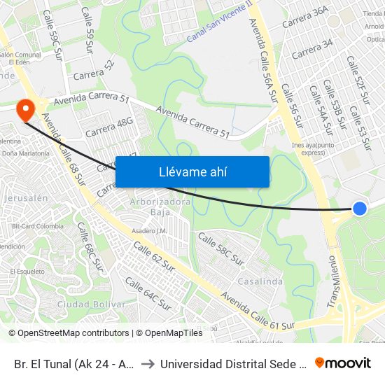 Br. El Tunal (Ak 24 - Av. Boyacá) to Universidad Distrital Sede Tecnológica map