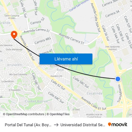 Portal Del Tunal (Av. Boyacá - Ak 24) (A) to Universidad Distrital Sede Tecnológica map