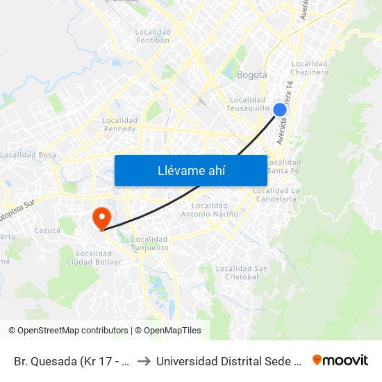 Br. Quesada (Kr 17 - Cl 51) (A) to Universidad Distrital Sede Tecnológica map