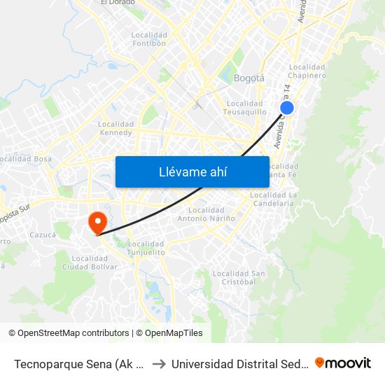 Tecnoparque Sena (Ak 13 - Cl 54) (A) to Universidad Distrital Sede Tecnológica map